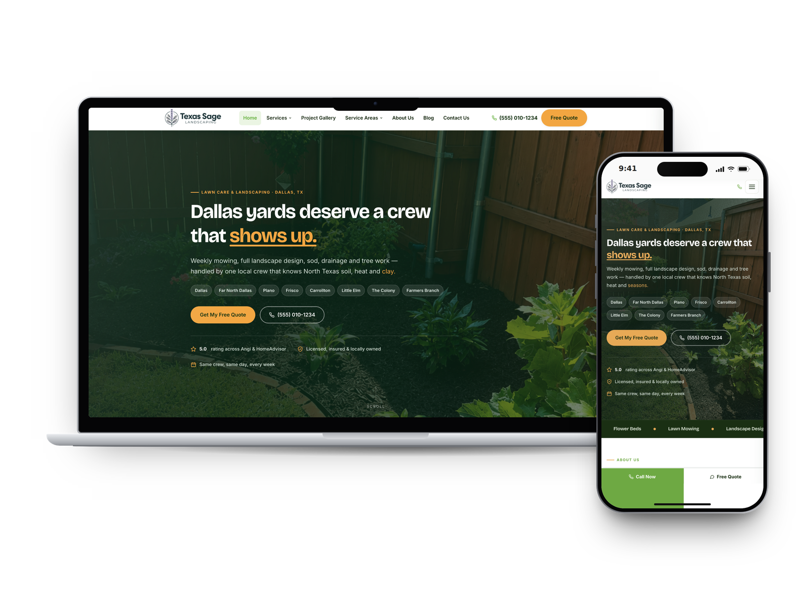 A TevoConnect-built landscaping website shown on a laptop and a phone